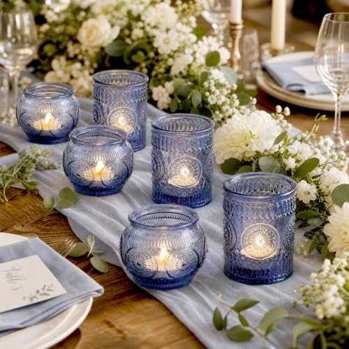 Blue Votive Candle Holders Set - 24 Pack with Vintage Sunflower Pattern