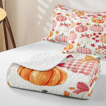 Homewish Fall Pumpkin Kids Twin Quilt Set Bedspread with Pillow Sham - Bedroom Decor
