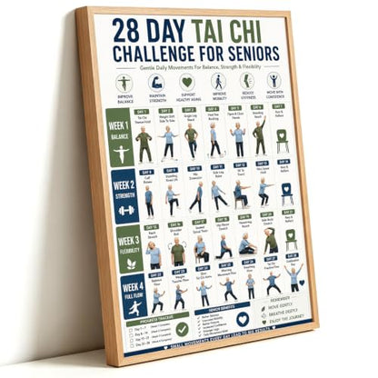 Tai Chi Walking Workout Poster - 28 Day Exercise Wall Art for Seniors & Adults - Unframed 12x16 Inches