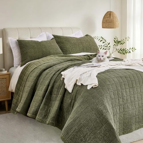 Olive Green Oversized King Cotton Quilt Set 120x120 Breathable Bedspread with 2 Pillow Shams