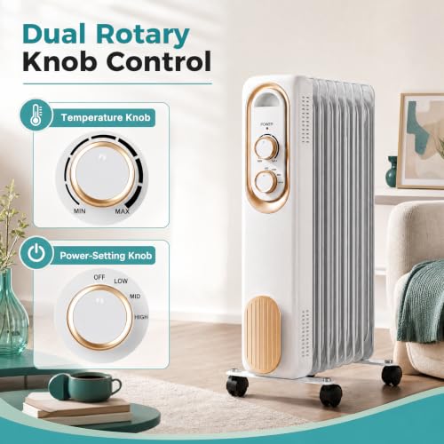 Oil Filled Radiator Space Heater 1500W White, Portable Indoor Climate Control