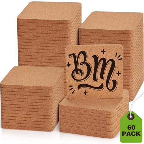 60 PCS Cork Coasters for Laser Engraving - Thick Absorbent Blank Coasters, 60 Pieces-Square