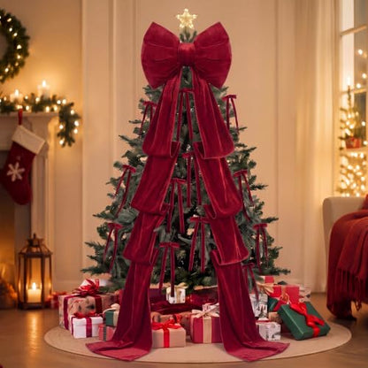 Red Velvet Bow Christmas Tree Topper Set with 12 Small Bows - Large Red Holiday Decoration