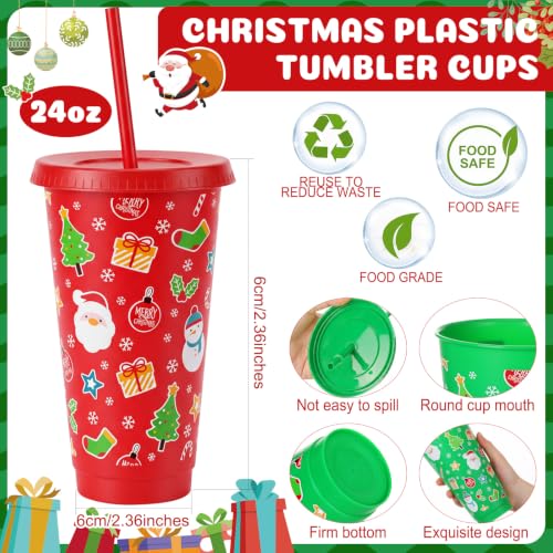 Christmas Plastic Cups Set with Lids & Straws - 24 oz, Red & Green, 24 Pack