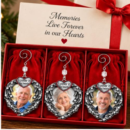 Memorial Photo Ornament Set - Silver Heart with Angel Wings, 3 Pack with Storage Bag - Personal Keepsake for Loss of Loved One