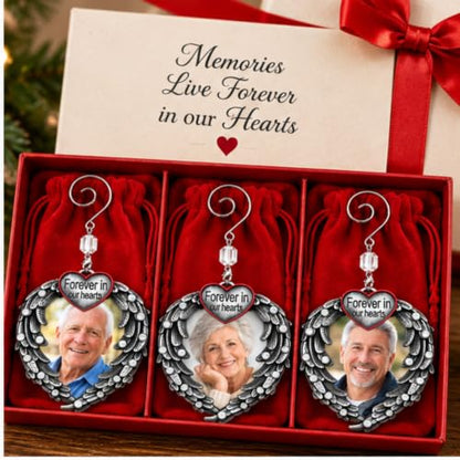 Memorial Photo Ornament Set - Silver Heart with Angel Wings, 3 Pack with Storage Bag - Personal Keepsake for Loss of Loved One