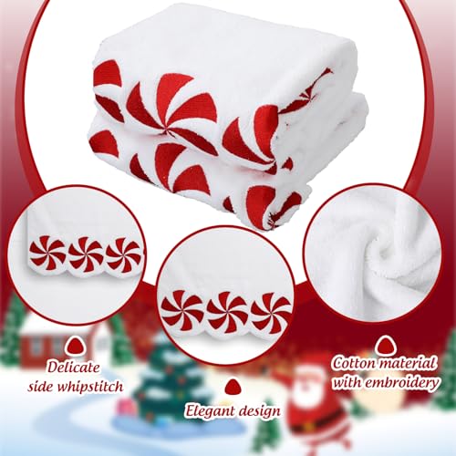 White Christmas Hand Towels Set of 2 - Embroidered Peppermint Candy, Scalloped Edges, 29.5 x 15.7 Inches