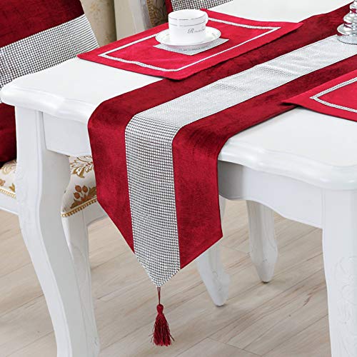 13x82 Inch Christmas Table Runner with Sequins Rhinestones and Tassels - Red