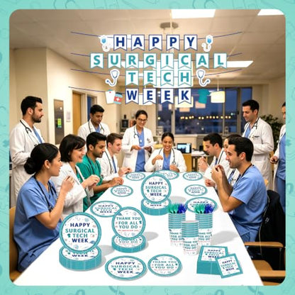 Surgical Tech Party Plate Set - Disposable Plates Cups Napkins Forks Banner for 25 Guests