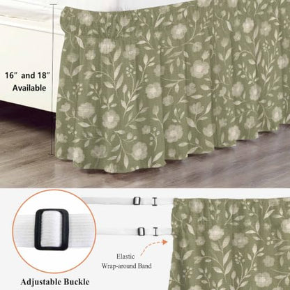 King Size Bed Skirt 16 Inch Drop - Sage Green Rustic Wildflowers Wrap Around Bedding
