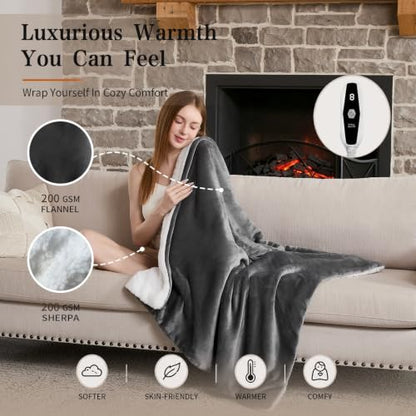 Grey Heated Blanket Electric Throw 50x60 Inches Soft Flannel Sherpa