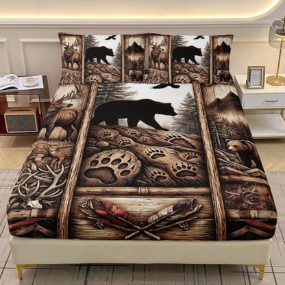 Wildlife Cabin Twin Bedding Set - Microfiber Fitted Sheet & Pillowcases, Black Bear Deer Eagle