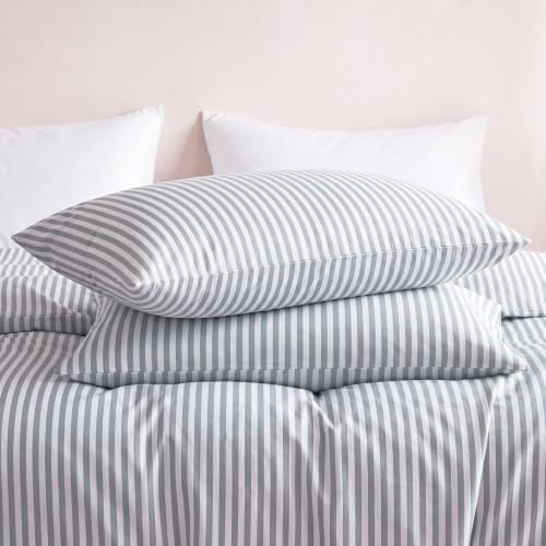 Sage Gray Pillowcases Queen Size Set of 2 - Cotton Sateen with White Stripes, 300TC