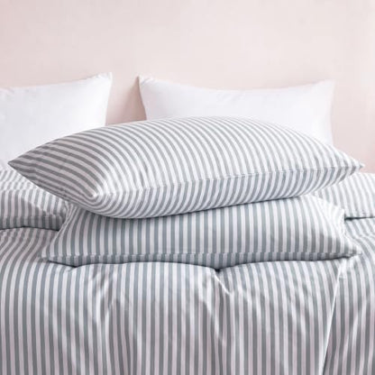 Sage Gray Pillowcases Queen Size Set of 2 - Cotton Sateen with White Stripes, 300TC