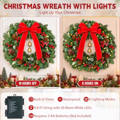 Green 20-Inch Christmas Wreaths with Red Bow & Bells - 2 Pack, Real Touch Pine