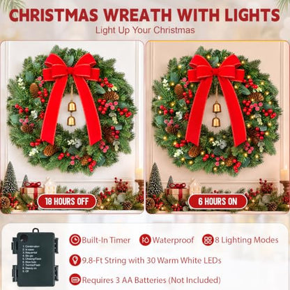 Green 20-Inch Christmas Wreaths with Red Bow & Bells - 2 Pack, Real Touch Pine