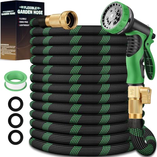 Black Green 100ft Garden Hose with 3/4 Inch Brass Fittings, Lightweight, Kink-Resistant & Leak-Free