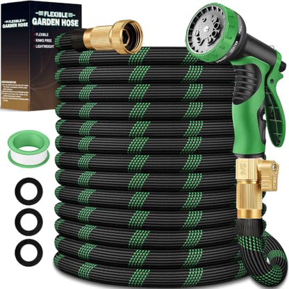 Black Green 100ft Garden Hose with 3/4 Inch Brass Fittings, Lightweight, Kink-Resistant & Leak-Free