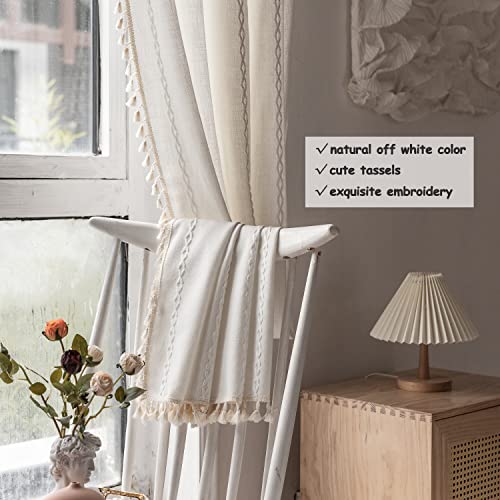 Boho Curtains for Bedroom Embroidery Striped Farmhouse Linen Curtains 63 Inch Length 2 Panels for Living Room Blue Bohemian Semi-Blackout Window Curtains Rod Pocket Drapes ( 52" W x 63" L,Blue)