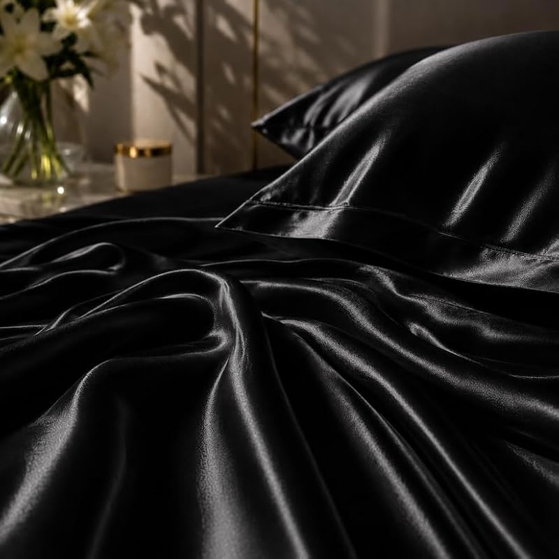 Black Satin Sheet Set 4 Piece Queen Bed Linen with Deep Pocket - Bedify Bedding