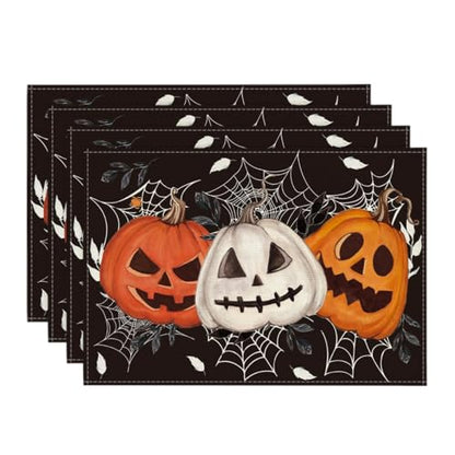 Black Pumpkin Spider Web Halloween Placemats Set of 4 - 12 x 18 Inch Seasonal Fall Table Decor