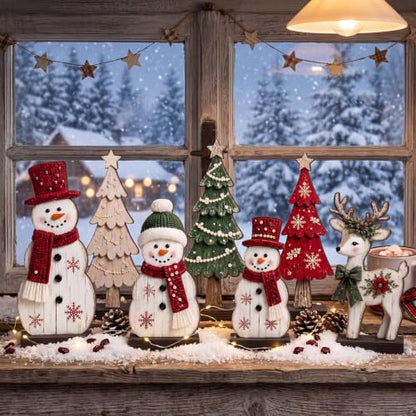 7 Pcs Christmas Wooden Snowman Tree Reindeer Table Decor Set - Red & Green