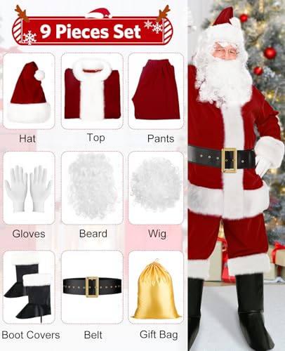 Deluxe Velvet Santa Claus Costume for Men - Dark Red, XX-Large, 9-Piece Set