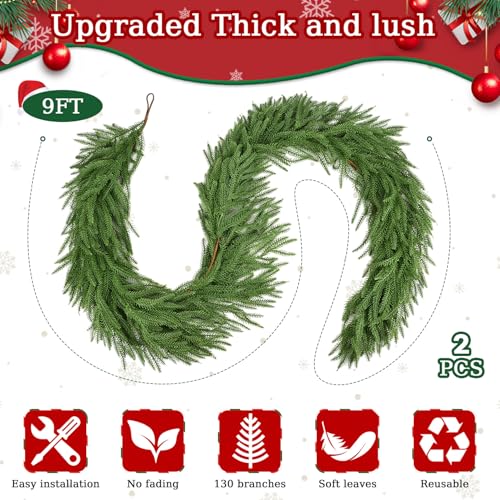 9 Ft Norfolk Pine Garland - Artificial Christmas Greenery, Real Touch Faux, 2 Pack