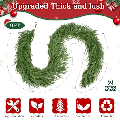 9 Ft Norfolk Pine Garland - Artificial Christmas Greenery, Real Touch Faux, 2 Pack