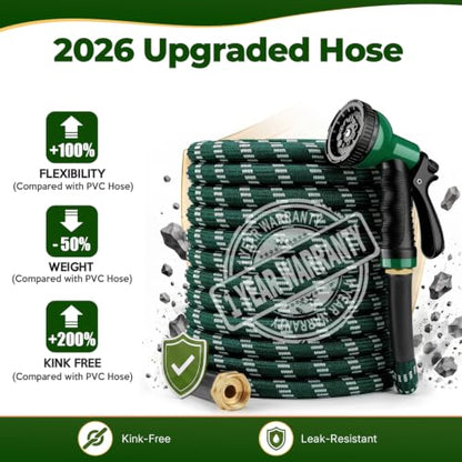 Dark Green 100 ft Upgraded Kink-Free Flexible Garden Hose with 10 Pattern Spray Nozzle