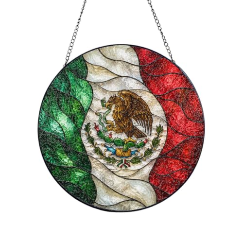 Mexican Flag Stained Glass Suncatcher - 6 Inch Round Window Decor - Reversible Design