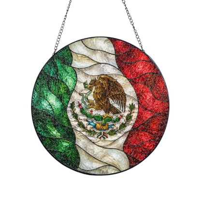 Mexican Flag Stained Glass Suncatcher - 6 Inch Round Window Decor - Reversible Design