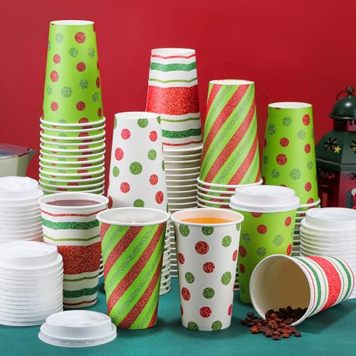 Christmas Coffee Cups with Lids 16oz Pack of 100 - Red Green Holiday Design