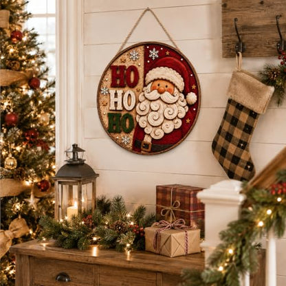 Christmas Decorations Santa Welcome Sign for Front Door - Red White Green