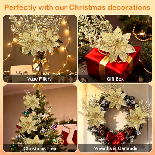 Christmas Glitter Berry Stem Set - Gold 2 Styles, 17.5 Inch Holiday Decor