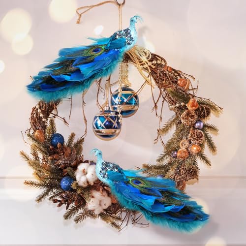 2 Pack Peacock Christmas Tree Ornaments Long Tail Feather Glitter Bird Decorations Classic Style