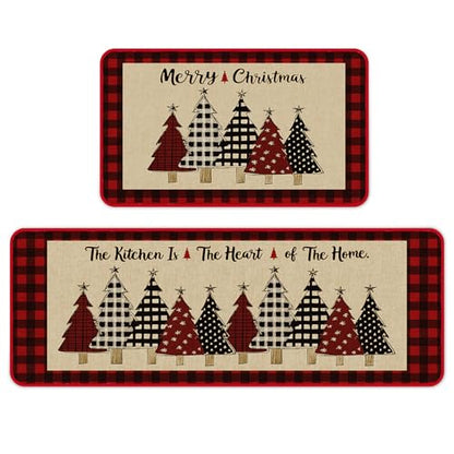 Christmas Kitchen Mat Set of 2 - Non Slip Holiday Rug with Christmas Tree Design, Red - 17x29 & 17x47 Inches