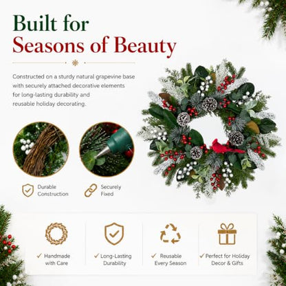 28-Inch Cardinal Winter Wreath with Berries for Front Door Christmas Decor