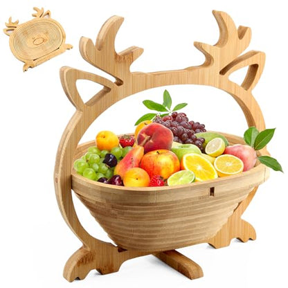 Christmas Elk Wooden Fruit Basket with Handle - Foldable Holiday Decor