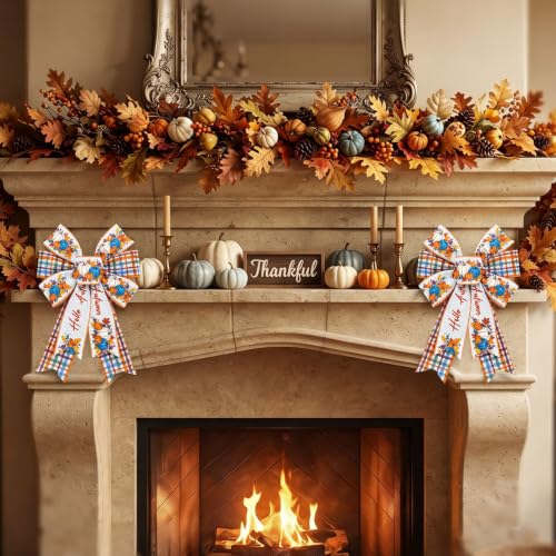 Fall Pumpkin Bow for Wreaths - 2 Pcs Autumn Harvest Farmhouse Decor