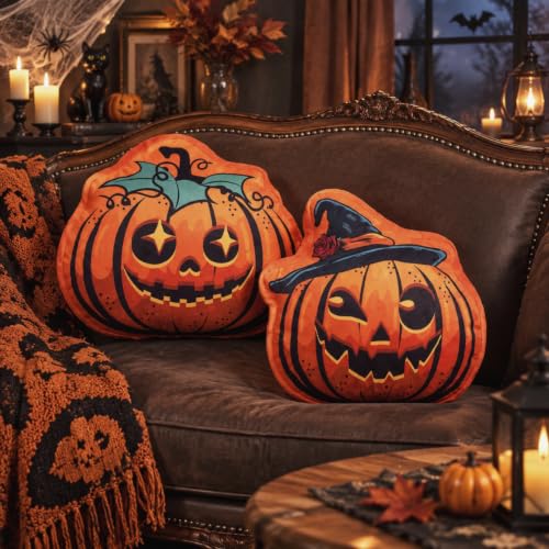Halloween Pumpkin Throw Pillows Set - Retro Plush Decor for Fall & Holiday