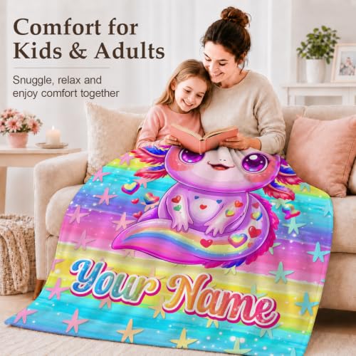 Custom Axolotl Blanket for Girls Kids Violet - Personalized Cozy Throw for Bed Sofa Travel