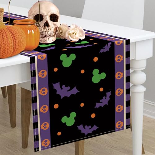 Halloween Bat Table Runner, Black Purple Skull Polka Dot Kitchen Decor