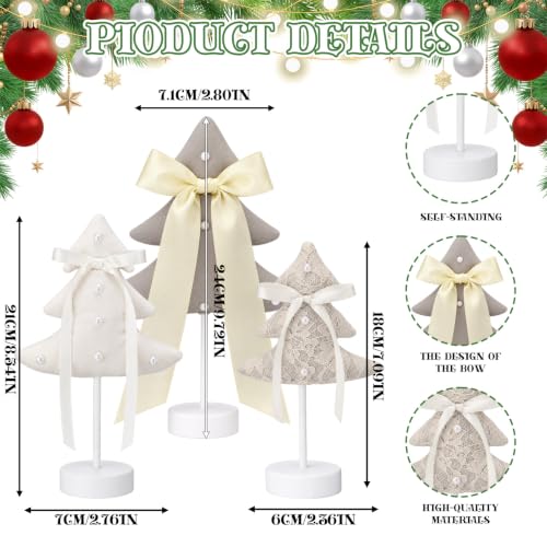 Off-White Mini Christmas Tree Set - 3 Sizes, Decorated with Bows & Pearls