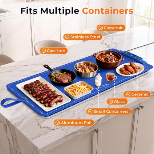 Blue Warming Mat for Food 37x15 Inches with 7 Heat Levels & 8-Hour Timer
