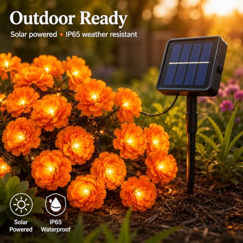 21Ft Solar Marigold Garland with 30 LED Flowers - Outdoor Halloween & Día de los Muertos Decor - Variation of THIS Listing