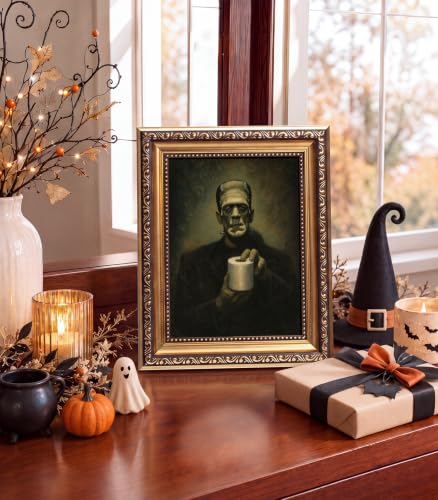 Halloween Vintage Gold Frame Wall Art - Frankenstein Holding Toilet Paper Variation