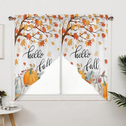 Pumpkin Fall Maple Leaves Swag Valance Curtains for Kitchen & Bedroom - 2 Panels 56W x 36L, Pumpkin04 Variation
