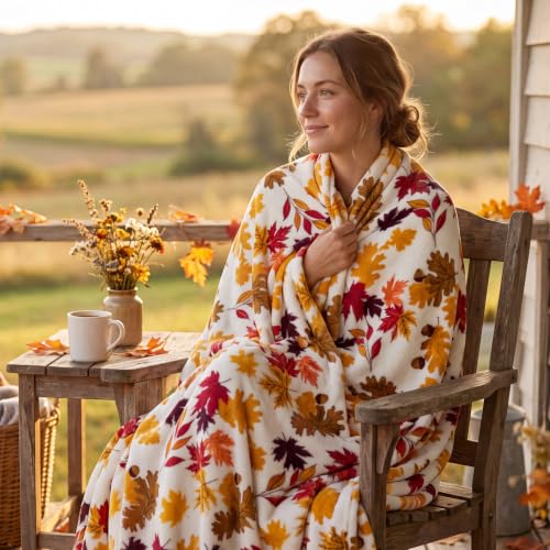Fleece Blanket for Fall Leaves Design Twin Size 60x80 Inches - Plush Cozy Throw