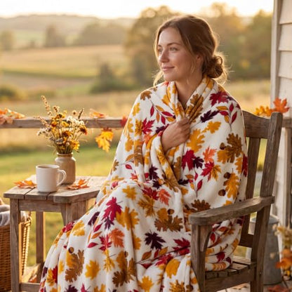 Fleece Blanket for Fall Leaves Design Twin Size 60x80 Inches - Plush Cozy Throw